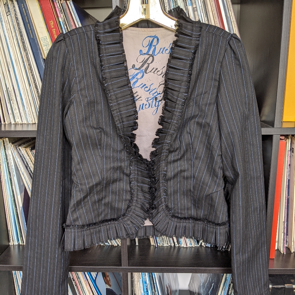 Distressed Ruffle Pinstripe Blazer